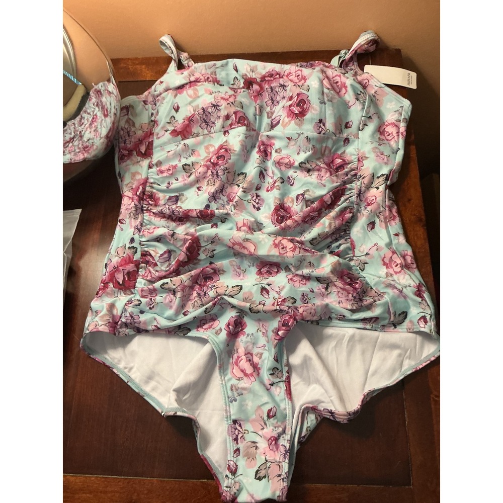 Ekouaer Floral‎ One Piece Swimsuit Mint Green Pink Rose Ruched XXL NWT
